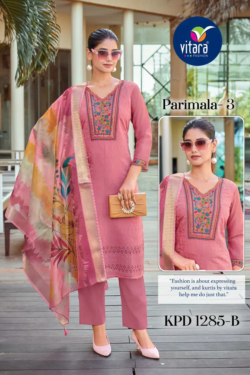 Parimala 3 By Vitara Roman Embroidery Kurti With Bottom Dupatta Suppliers In India